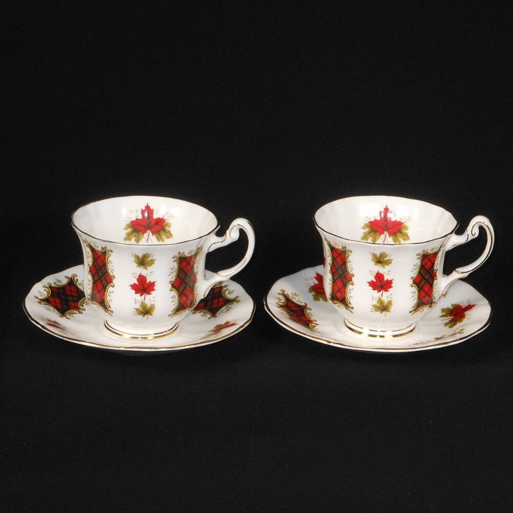 2 sets of beautiful tea cups & saucers. Royal Adderley Maple Leaf Tartan